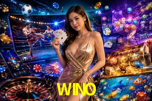 Una escena digital vívida inspirada en casino con WINO mostrado prominentemente, luces brillantes, fichas, cartas y acentos dorados.