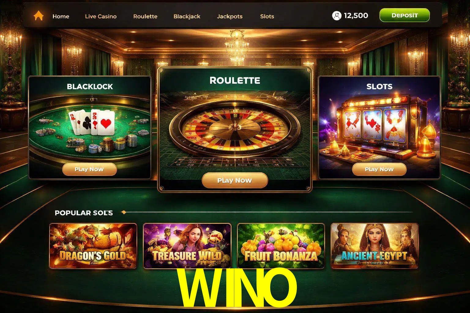 Vista de la plataforma WINO Casino mostrando categorías organizadas de juegos en línea