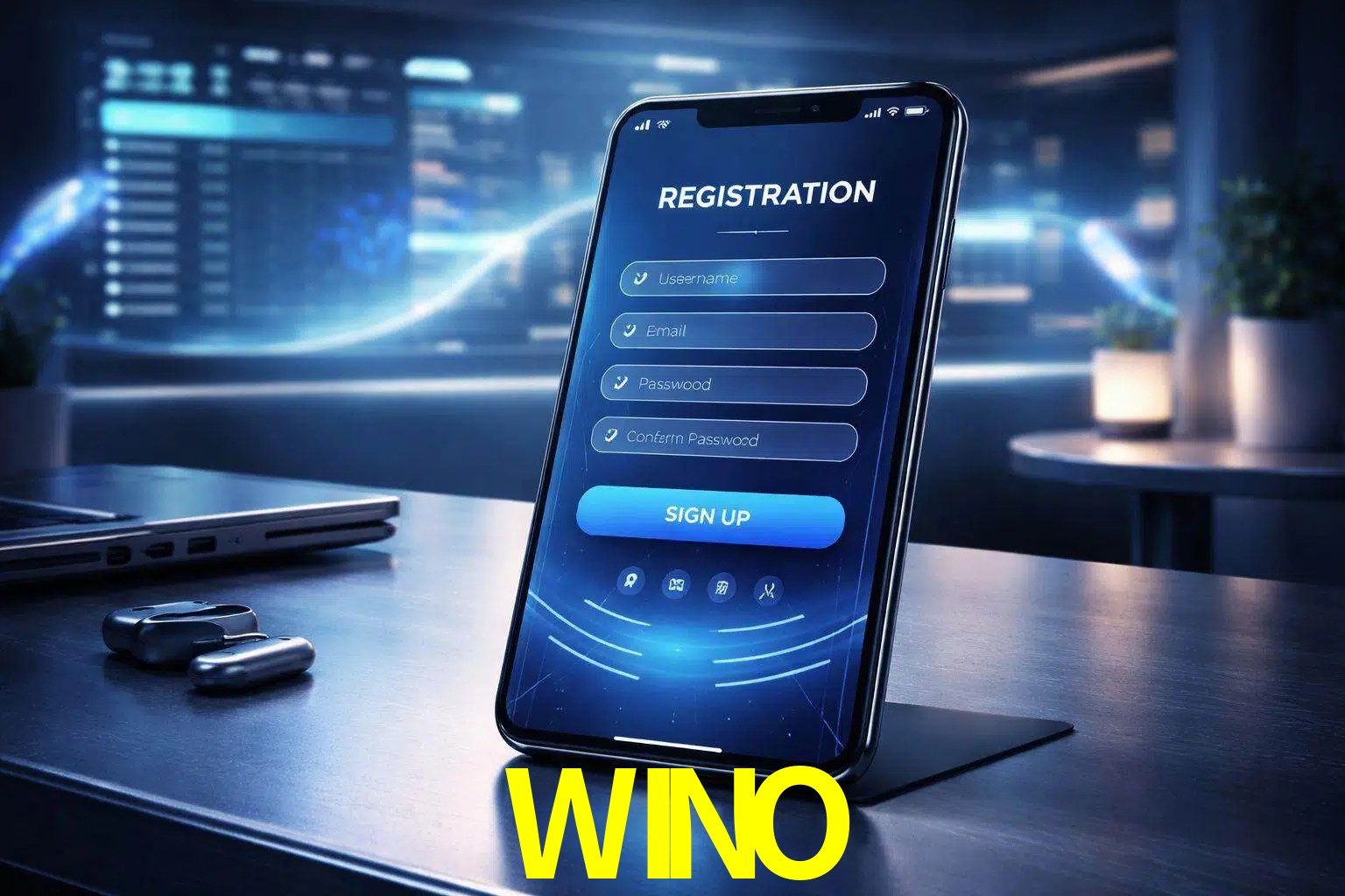 Una interfaz moderna de registro móvil para WINO mostrada en un smartphone con un panel de apuestas elegante.